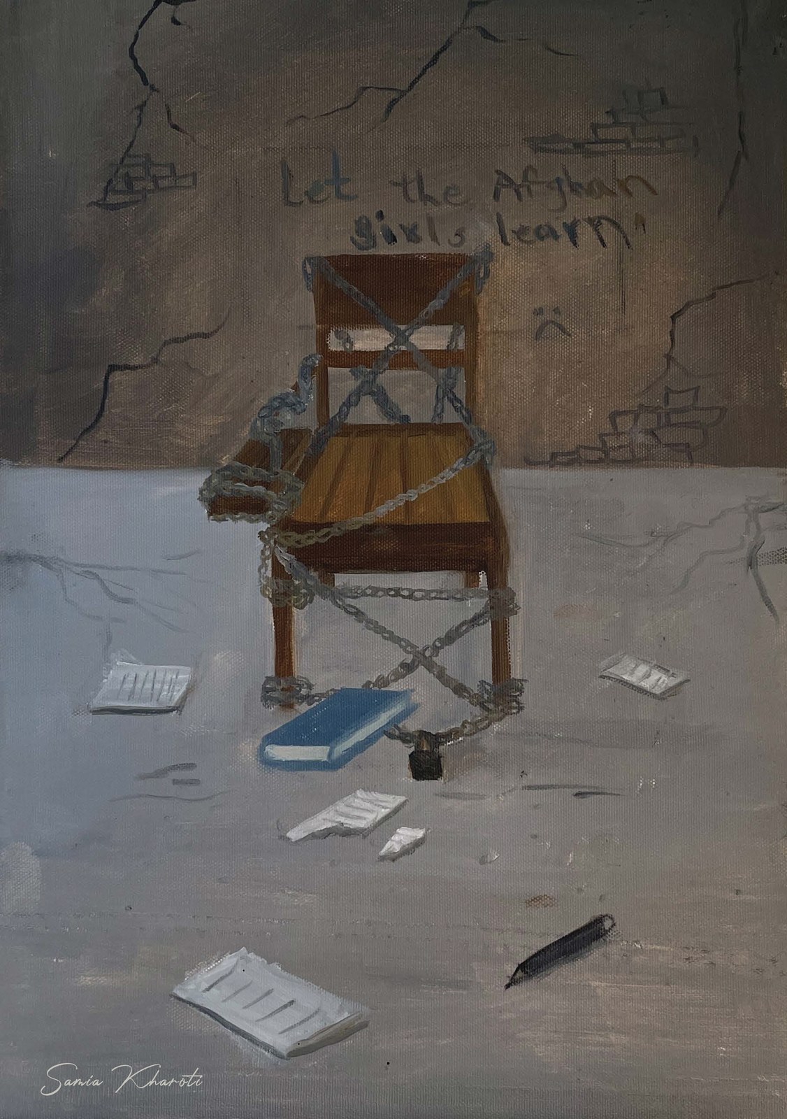 A chained classroom chair symbolizing interrupted education for Afghan girls