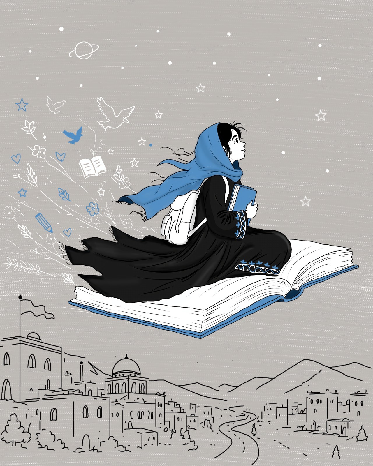 An Afghan woman travelling above a city on an open book, representing education and future pathways