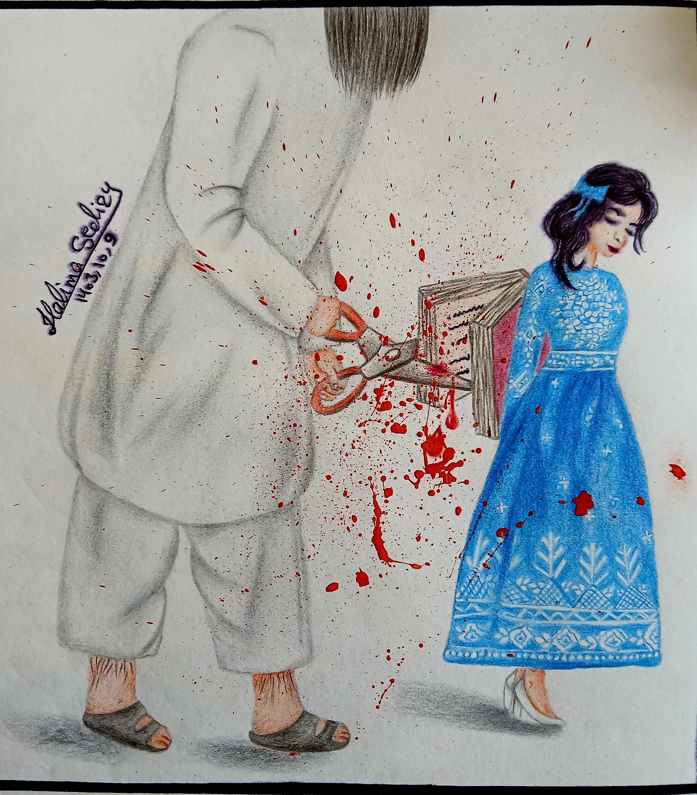 Artwork depicting a young Afghan graduate whose educational achievement is threatened and silenced